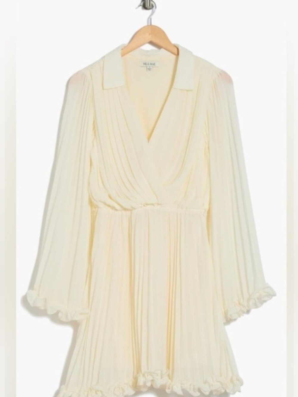 Mila Mae Long Sleeve Pleated Chiffon Faux Wrap Minidress - Cream. - Picture 4 of 4